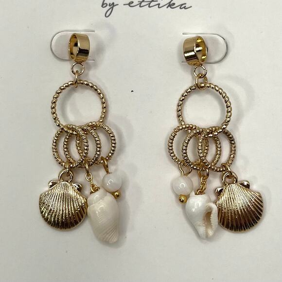 Ettika Fashion Jewelry Gold Dangle Pierced Earrings Shells Circles GTE1045 NWT - Picture 1 of 4